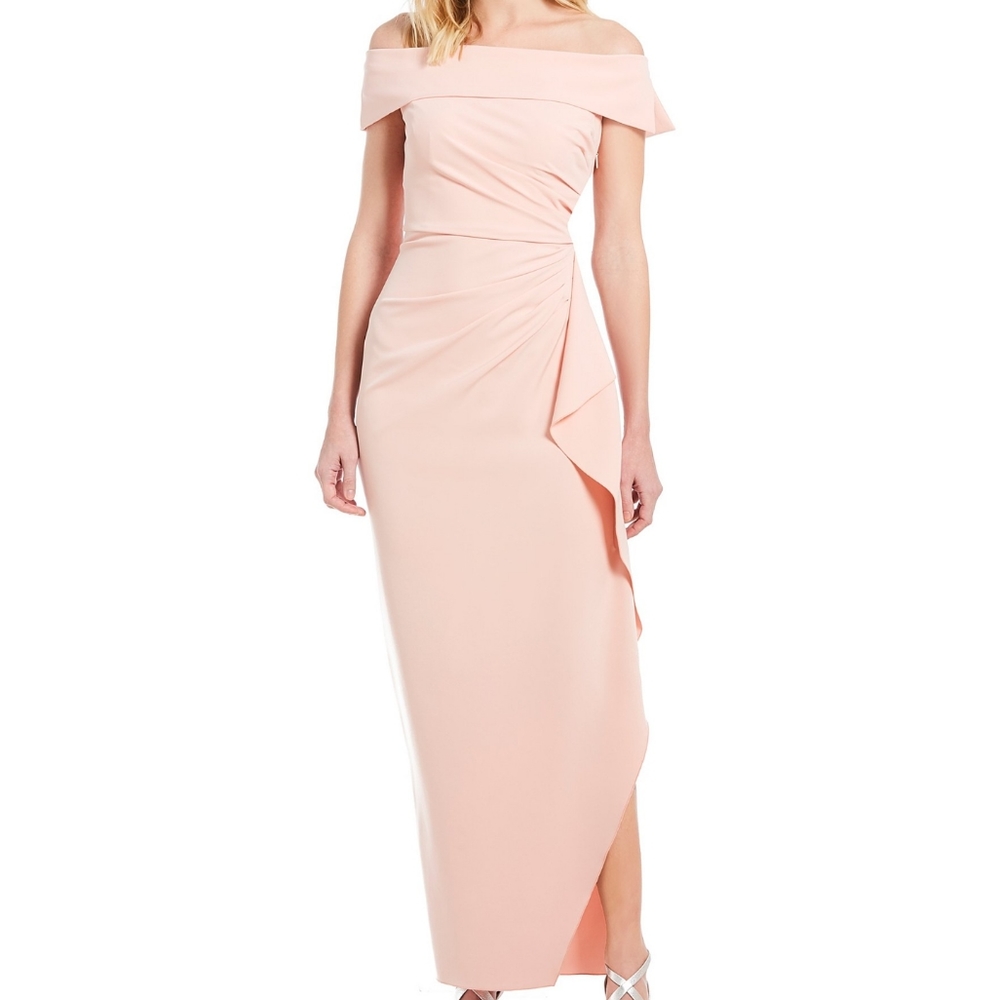 VINCE CAMUTO Pink Off Shoulder Ruffle Evening Gown